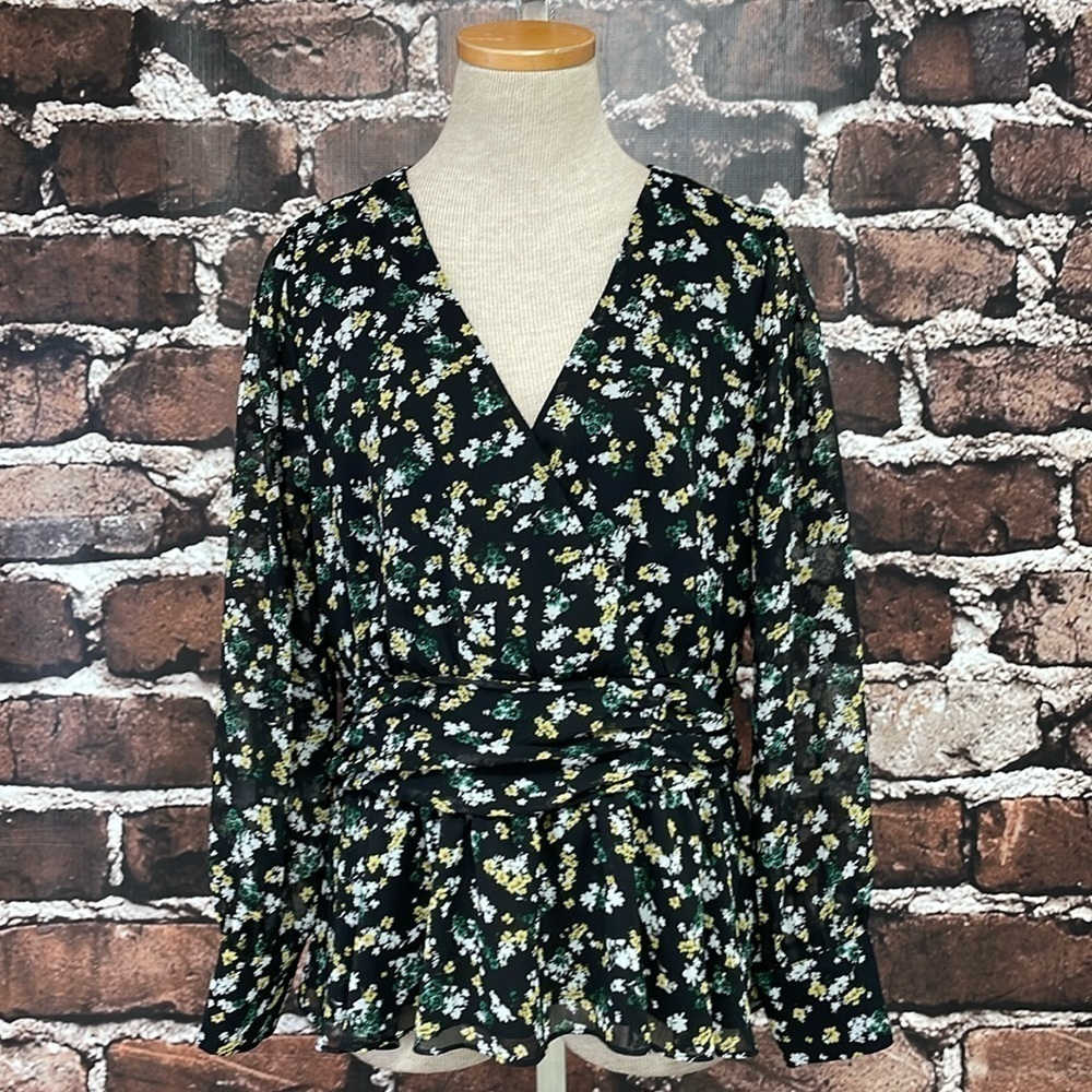 Vince Camuto Blouse Women's M Medium Black Floral Long Sleeve V-Neck Top Shirt - Picture 5 of 16